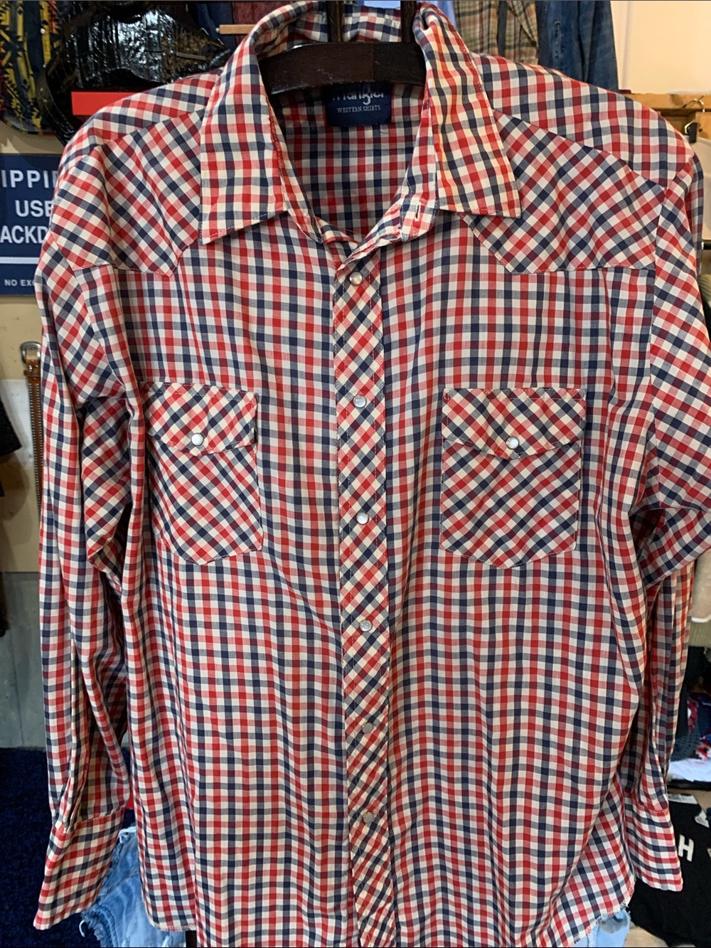 Wrangler Red, White & Blue Plaid Western Button-Up Shirt